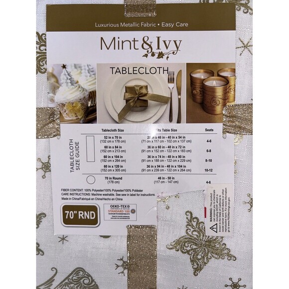 70" round tablecloth white with gold holiday pattern ornaments - Picture 4 of 9